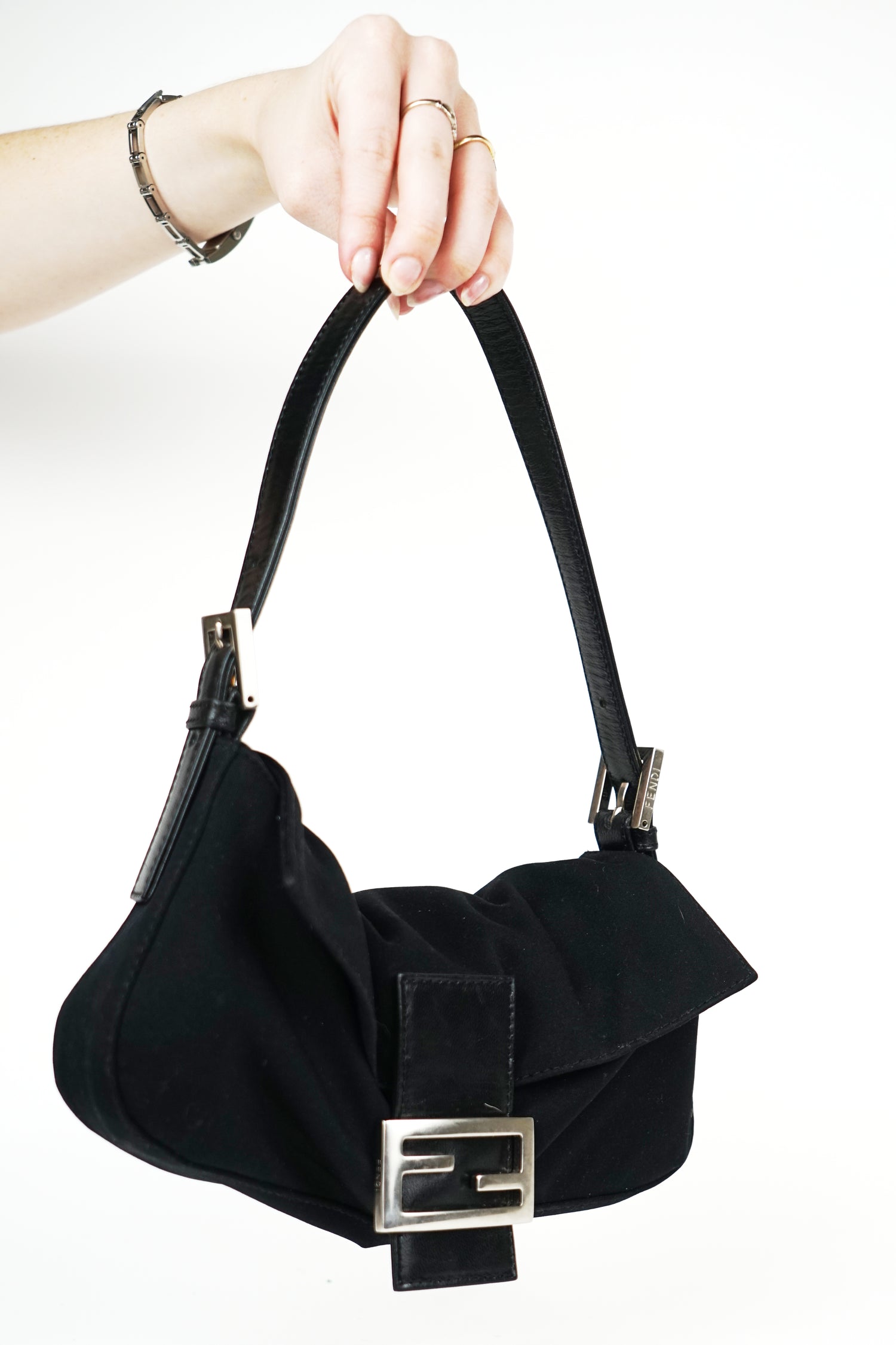 Fendi Black Nylon FF Logo Baguette