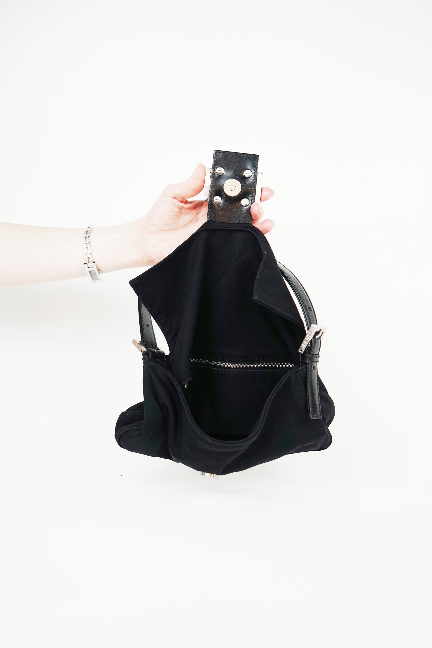 Fendi Black Nylon FF Logo Baguette