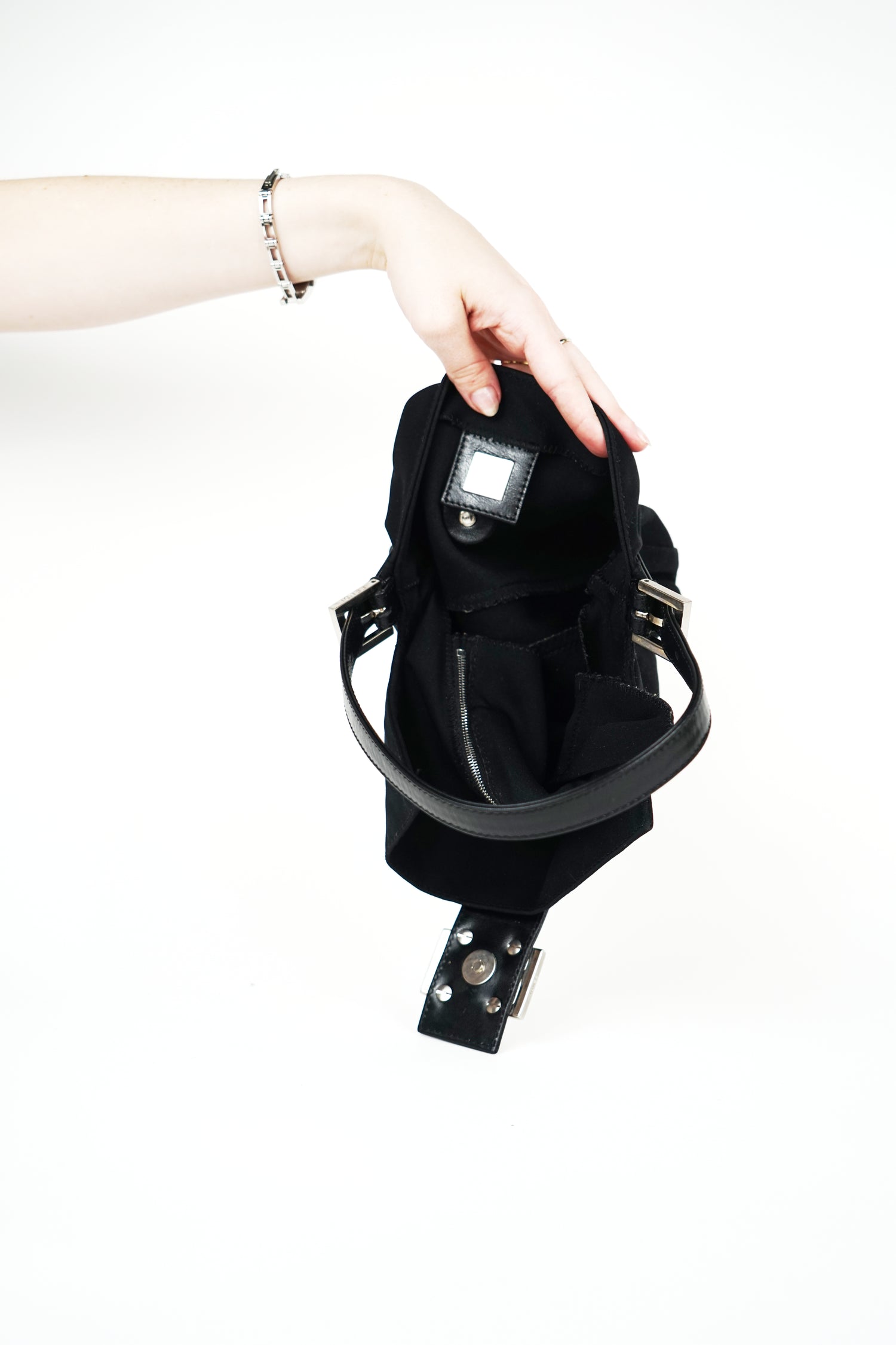 Fendi Black Nylon FF Logo Baguette