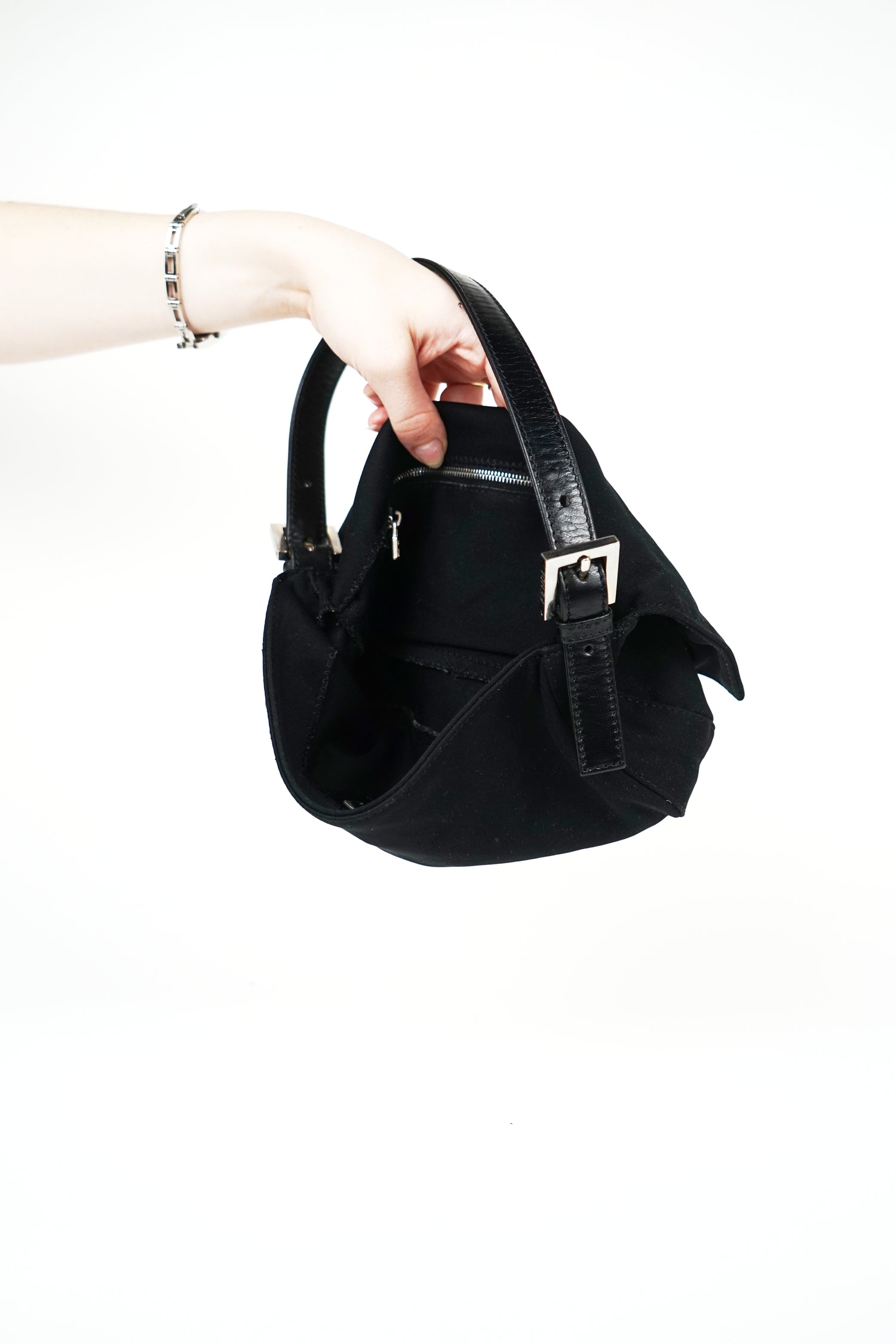 Fendi Black Nylon FF Logo Baguette
