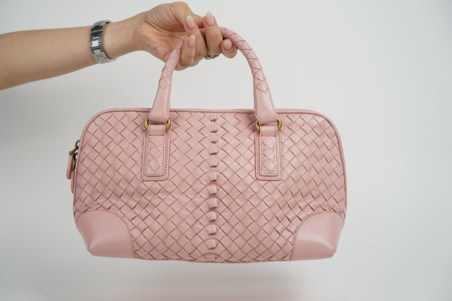 Bottega Baby Pink Woven Top Handle Bag