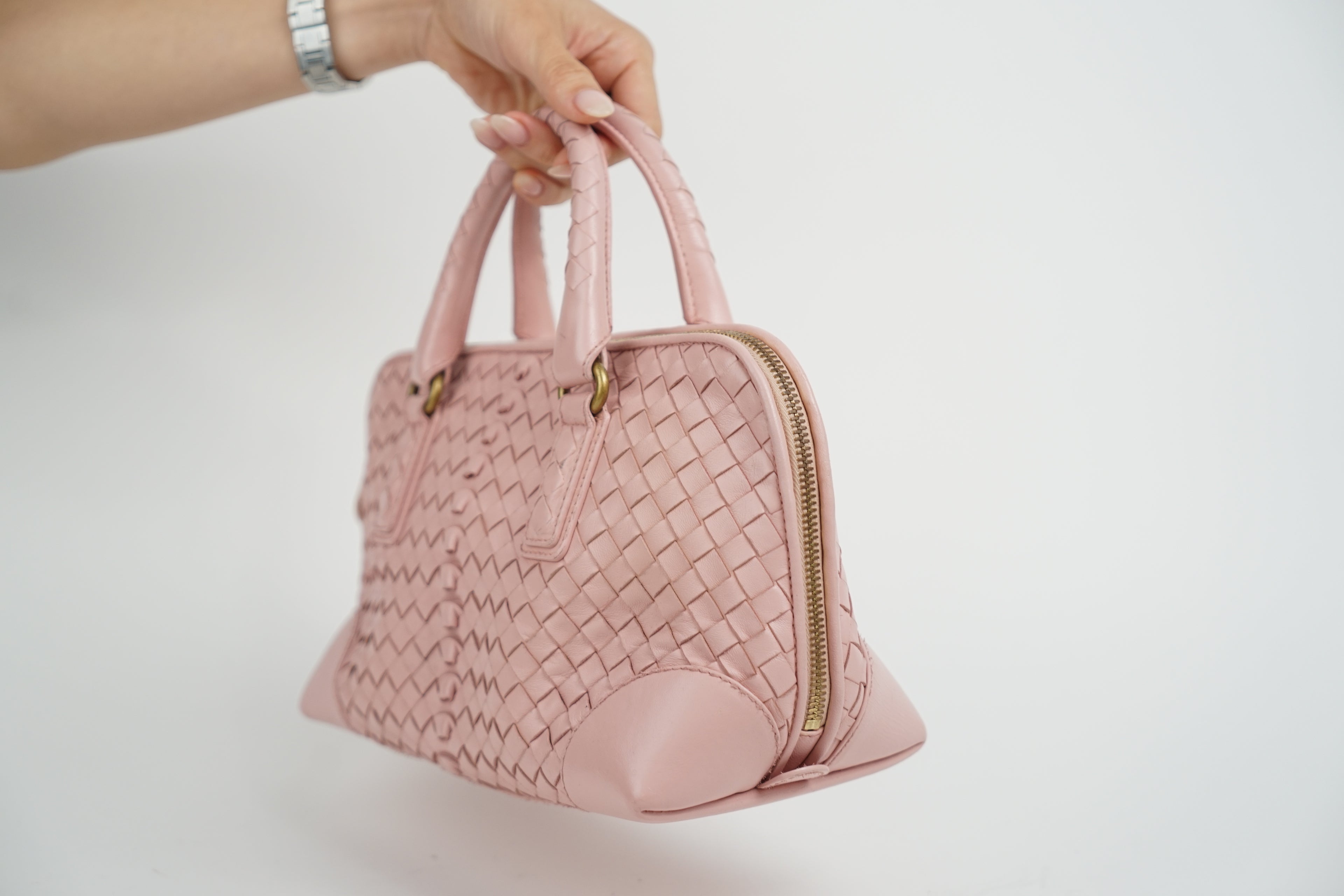 Bottega Baby Pink Woven Top Handle Bag