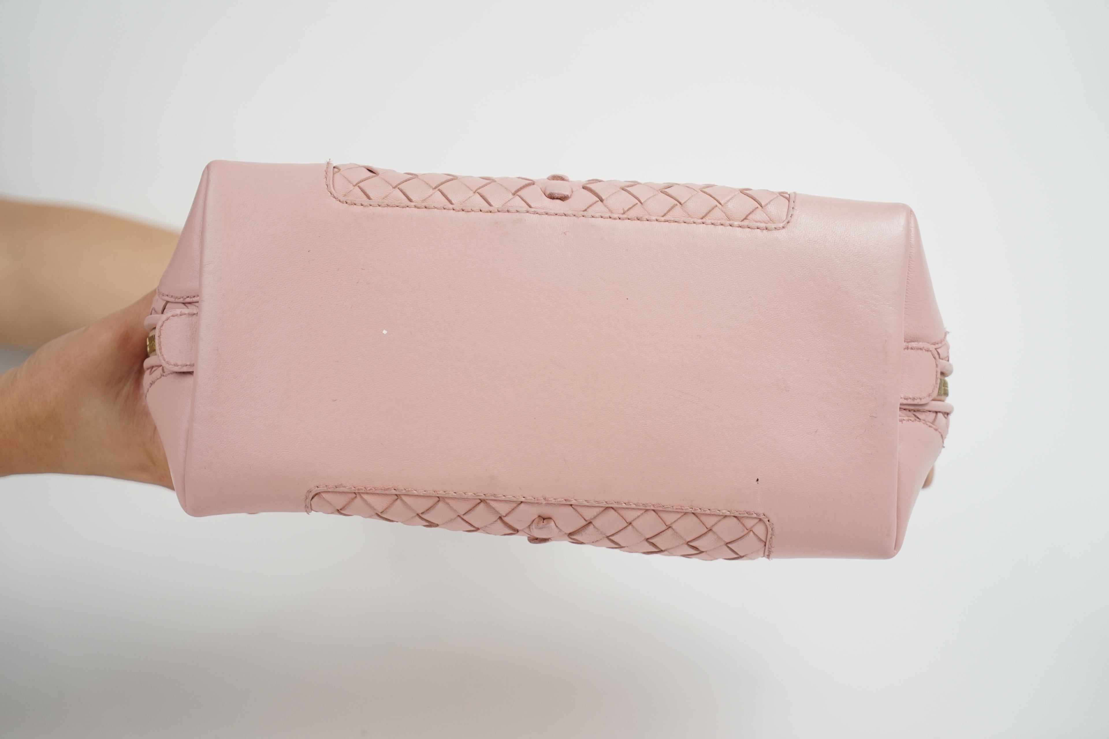 Bottega Baby Pink Woven Top Handle Bag