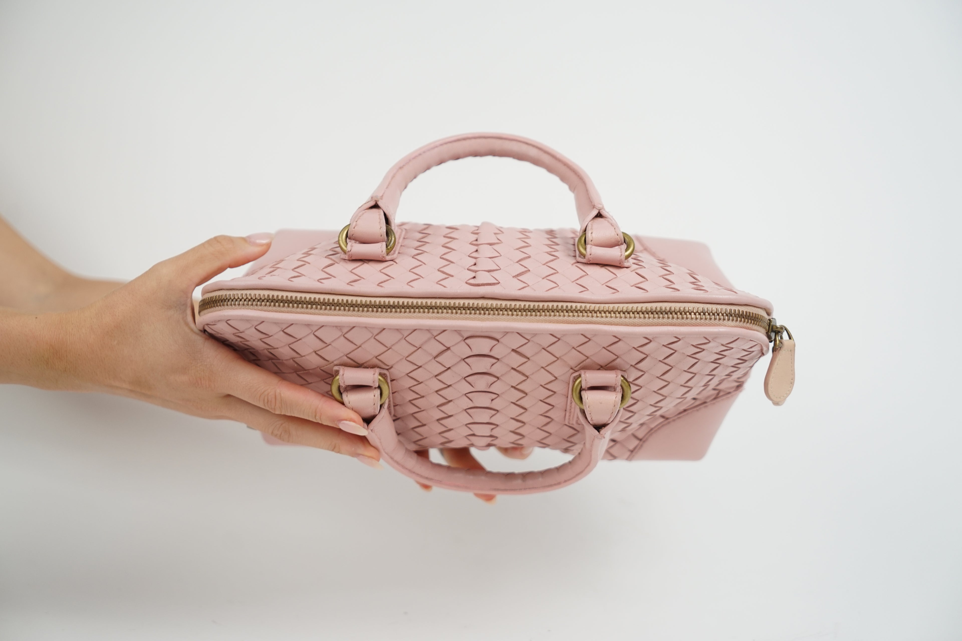 Bottega Baby Pink Woven Top Handle Bag