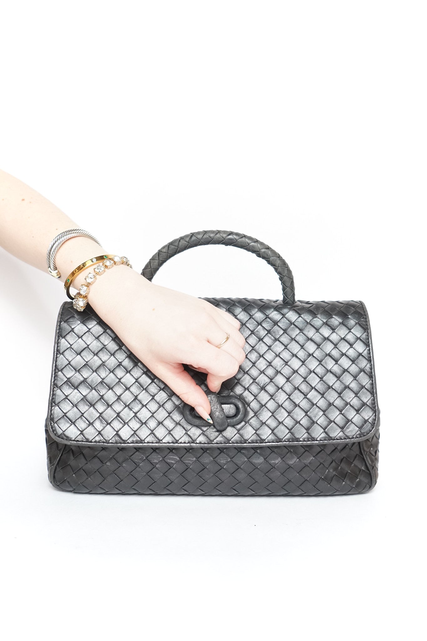 Bottega Veneta Black Inrecciato Top Handle Bag