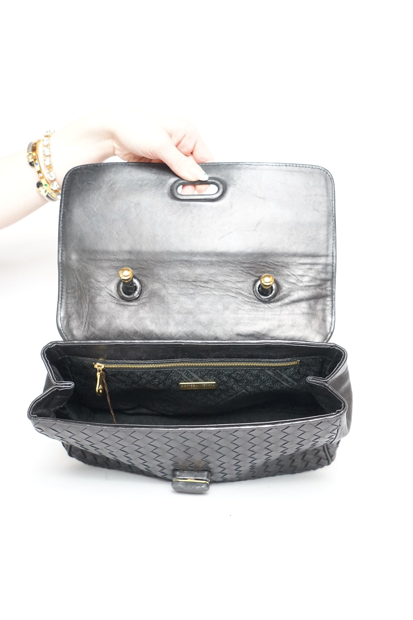 Bottega Veneta Black Inrecciato Top Handle Bag