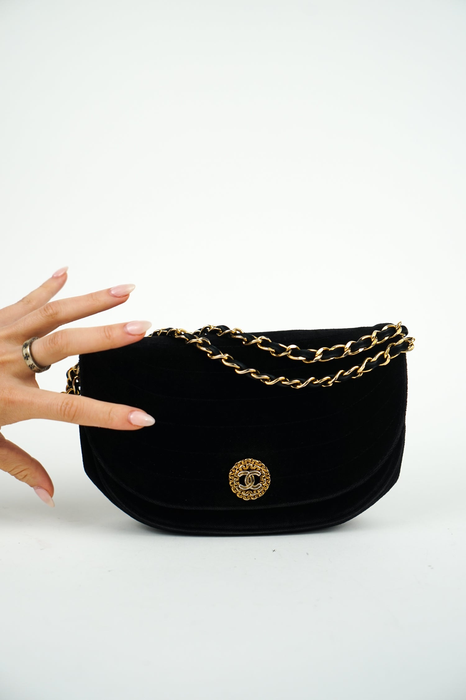 Chanel Black Velvet Half Moon Bag