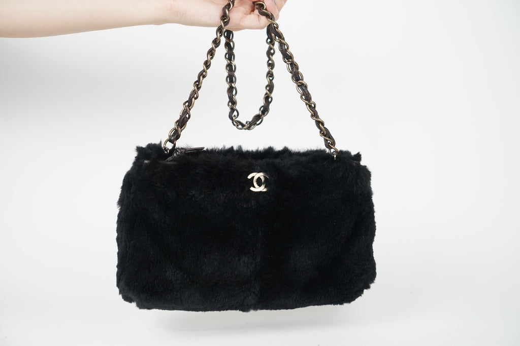 00's Chanel Black Rabbit Fur Crossbody Bag