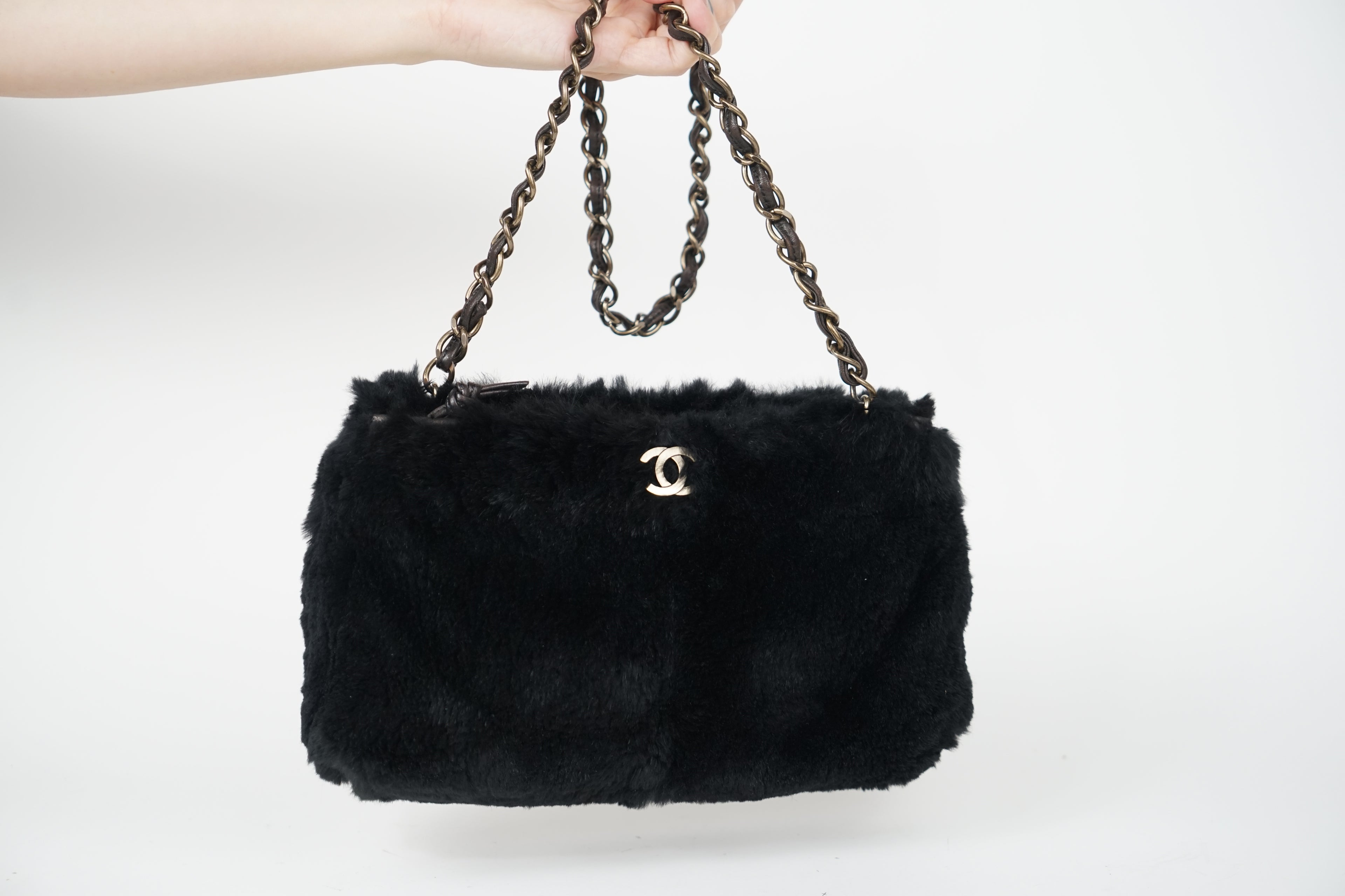 00's Chanel Black Rabbit Fur Crossbody Bag