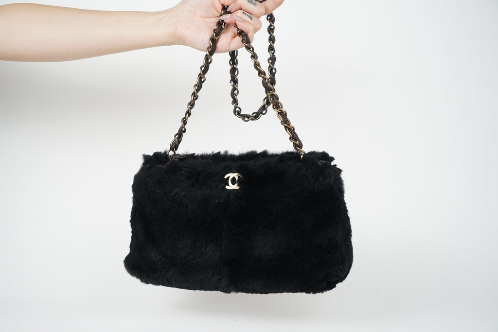 00's Chanel Black Rabbit Fur Crossbody Bag