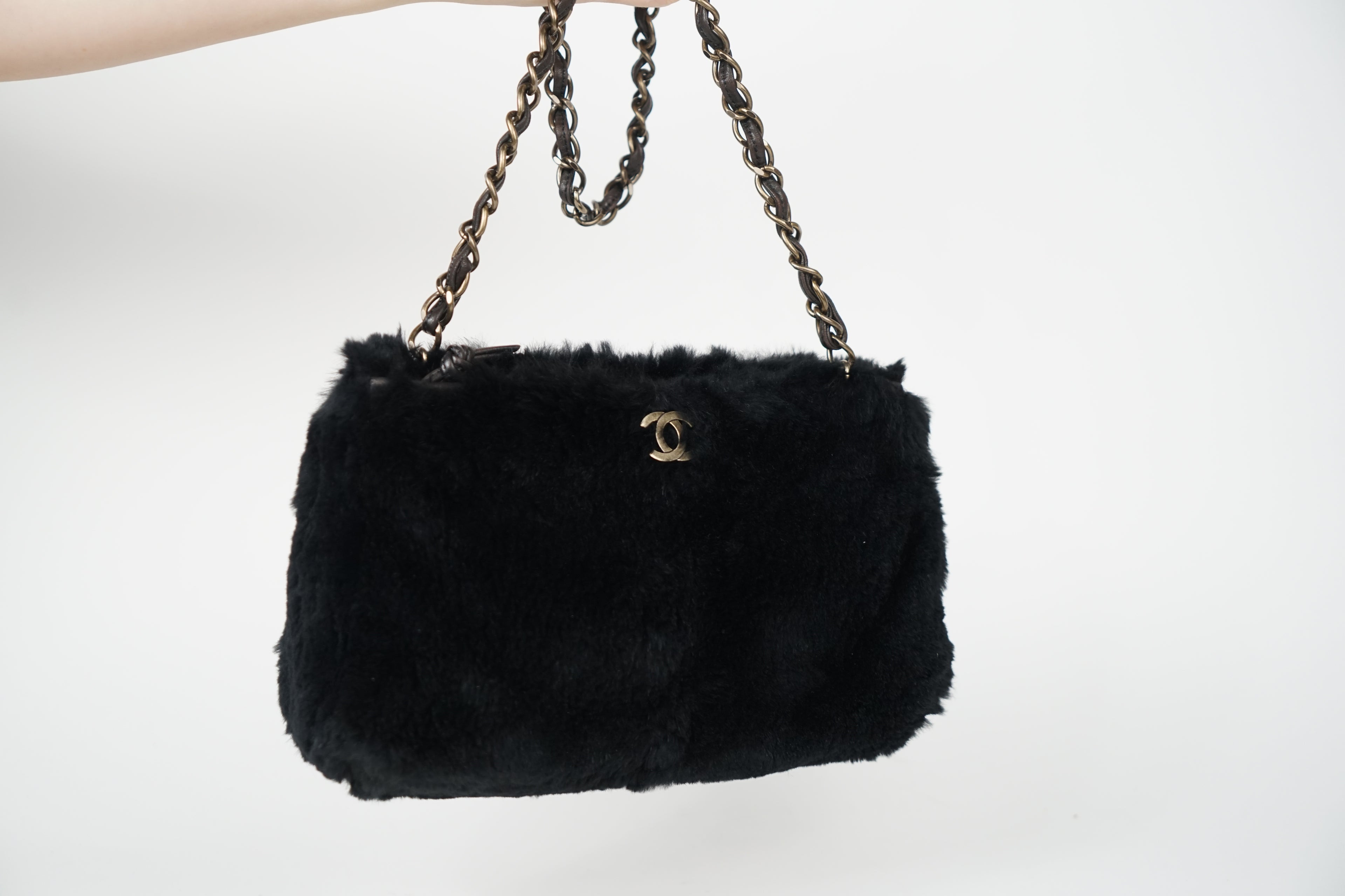 00's Chanel Black Rabbit Fur Crossbody Bag