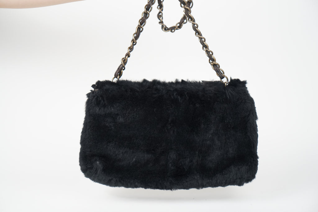 00's Chanel Black Rabbit Fur Crossbody Bag