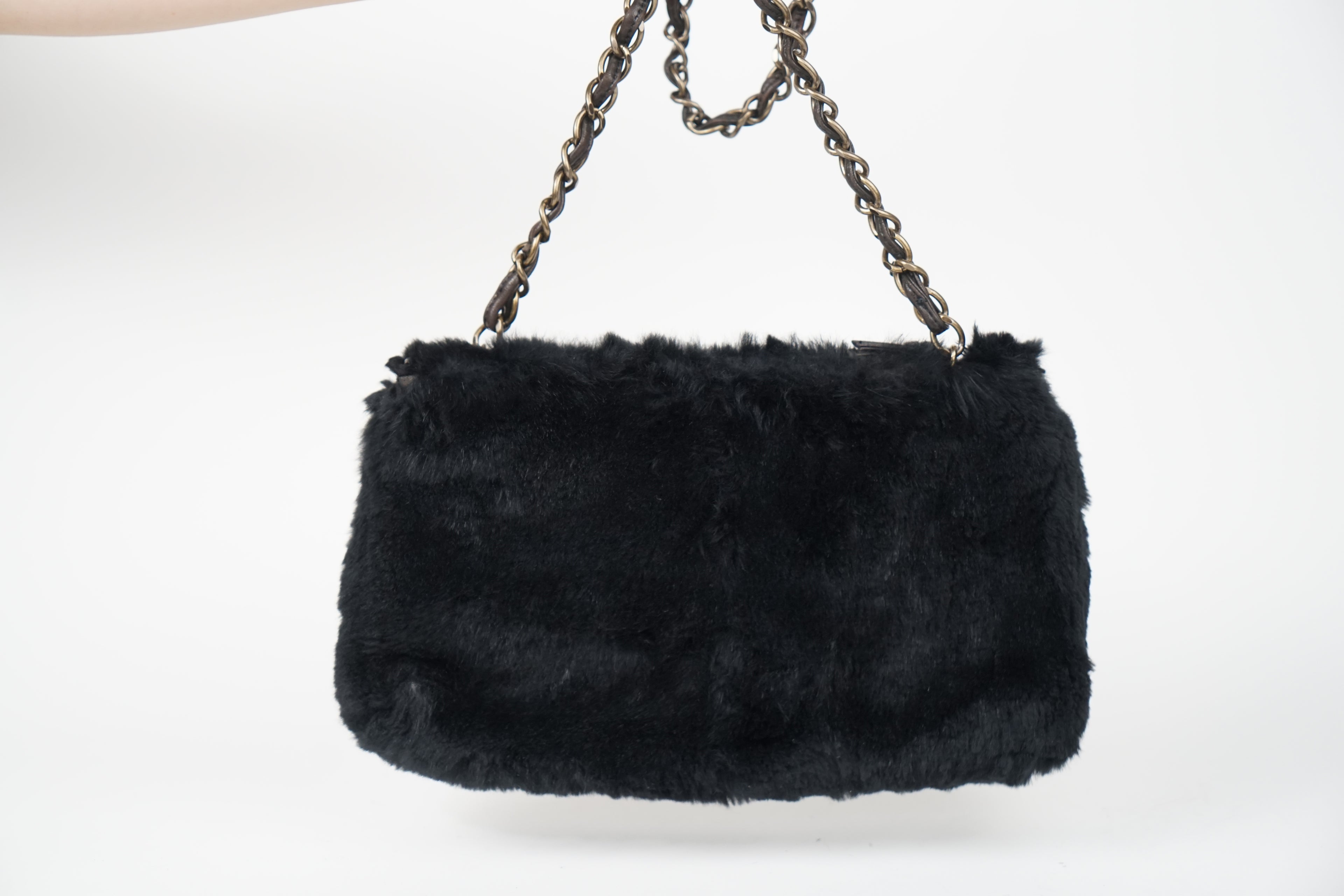 00's Chanel Black Rabbit Fur Crossbody Bag