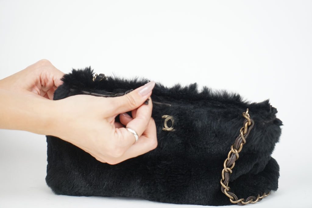 00's Chanel Black Rabbit Fur Crossbody Bag