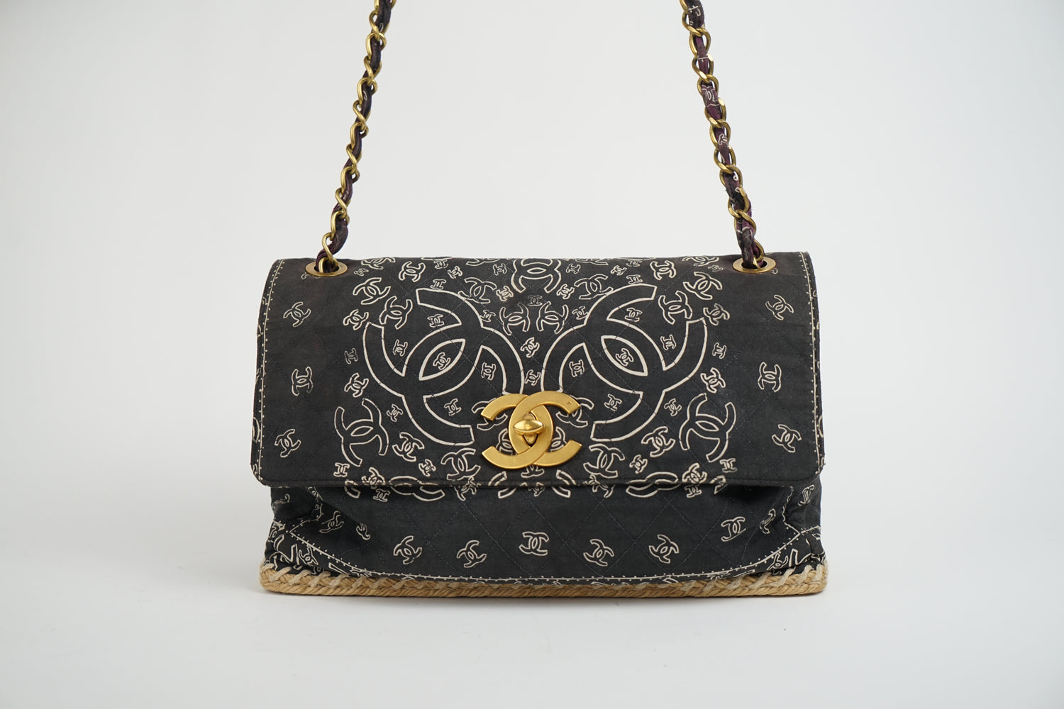 Chanel Bandana Printed Canvas and Rattan Bag