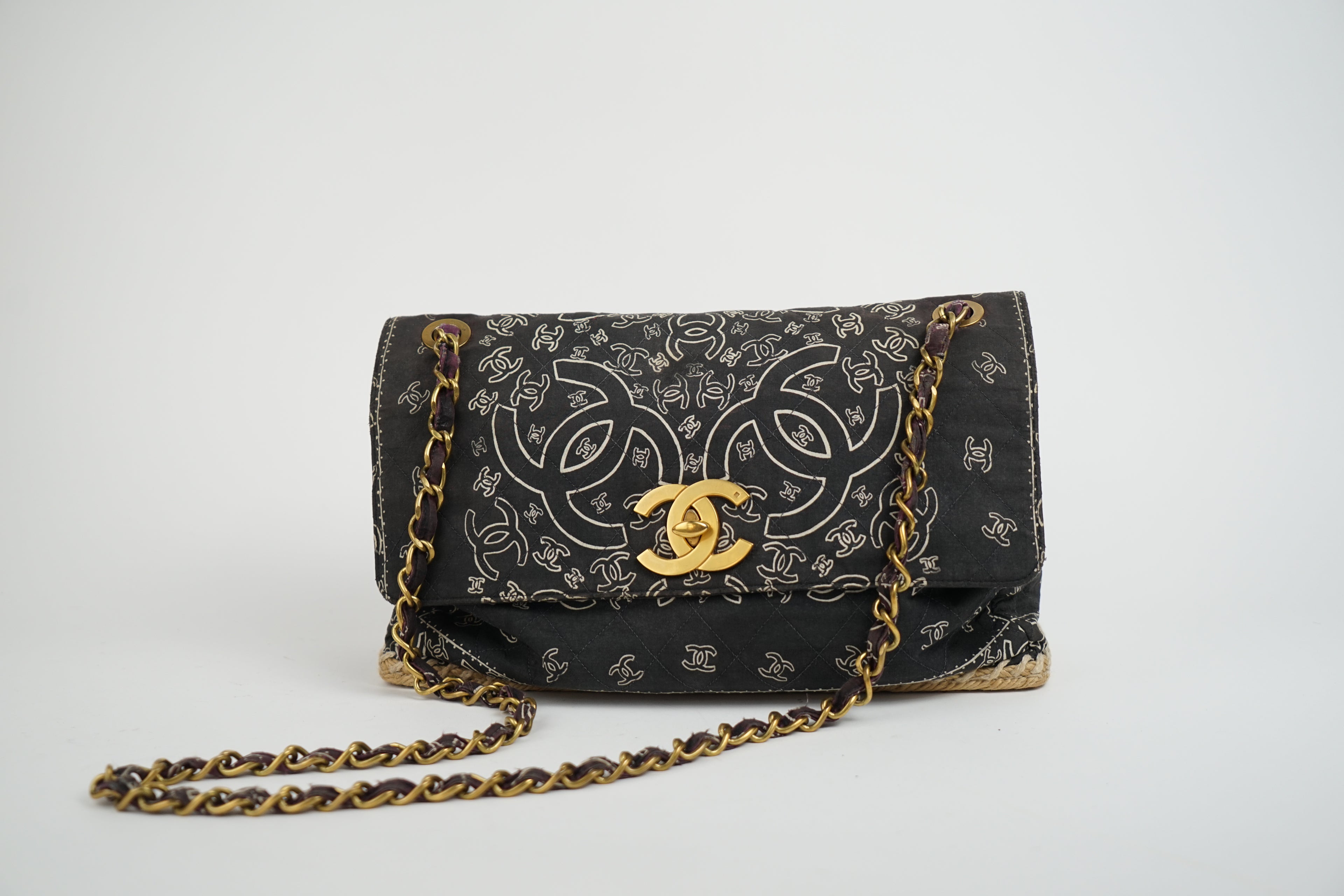 Chanel Bandana Printed Canvas and Rattan Bag, 2000's