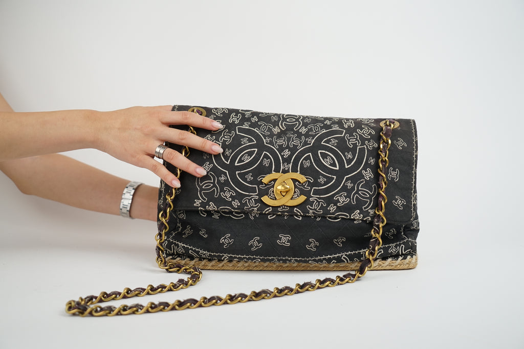 Chanel Bandana Printed Canvas and Rattan Bag, 2000's