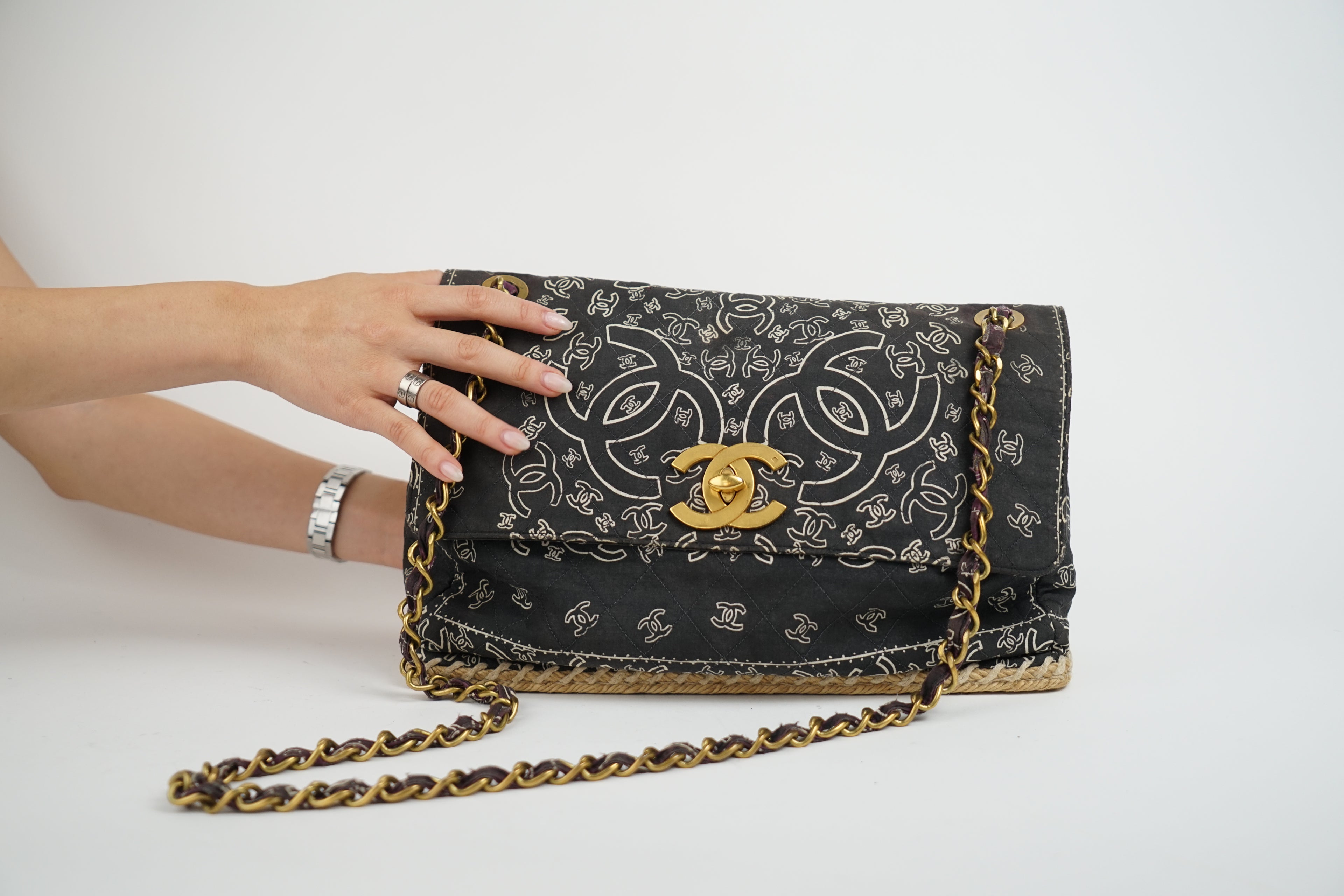 Chanel Bandana Printed Canvas and Rattan Bag, 2000's