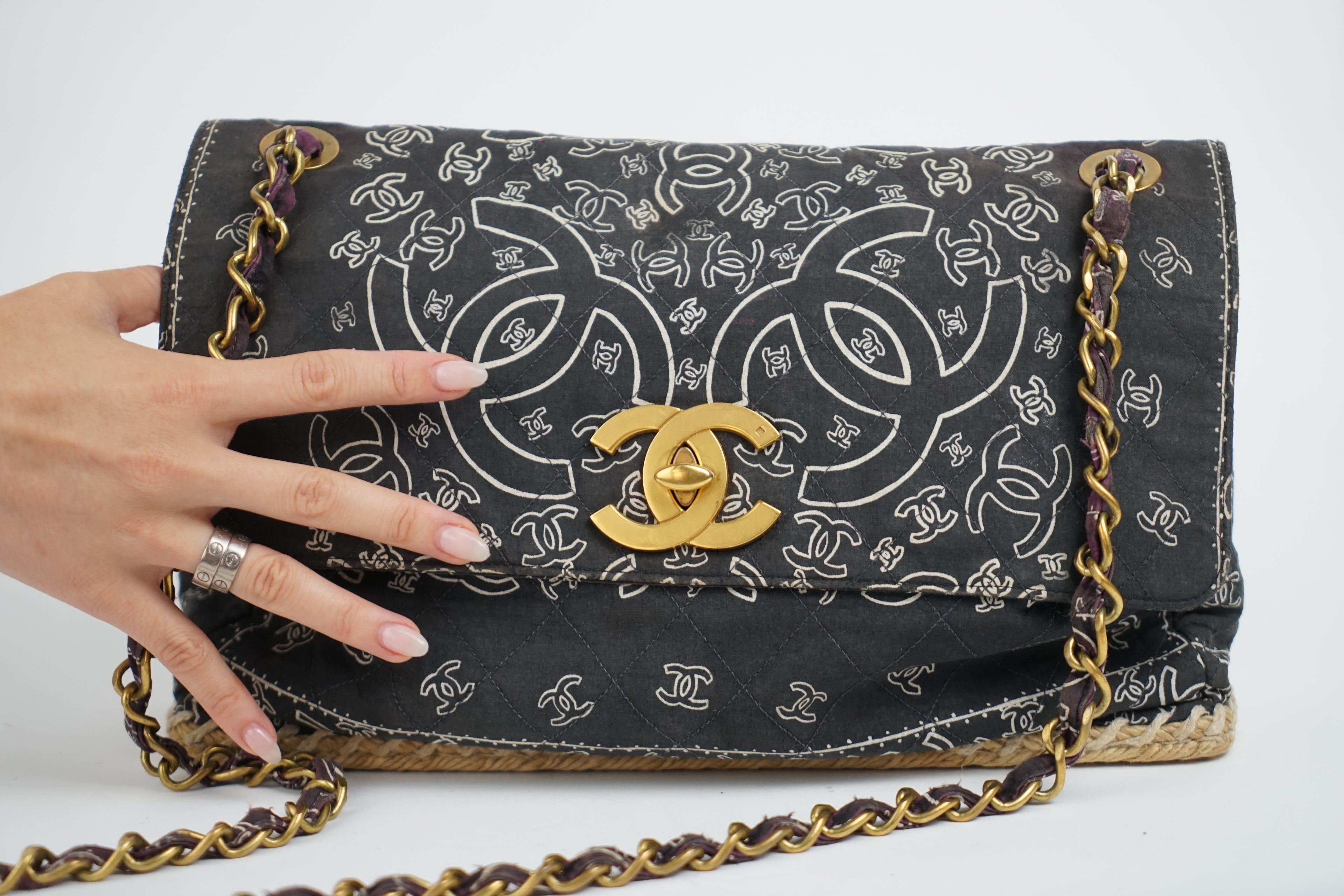 Chanel Bandana Printed Canvas and Rattan Bag, 2000's