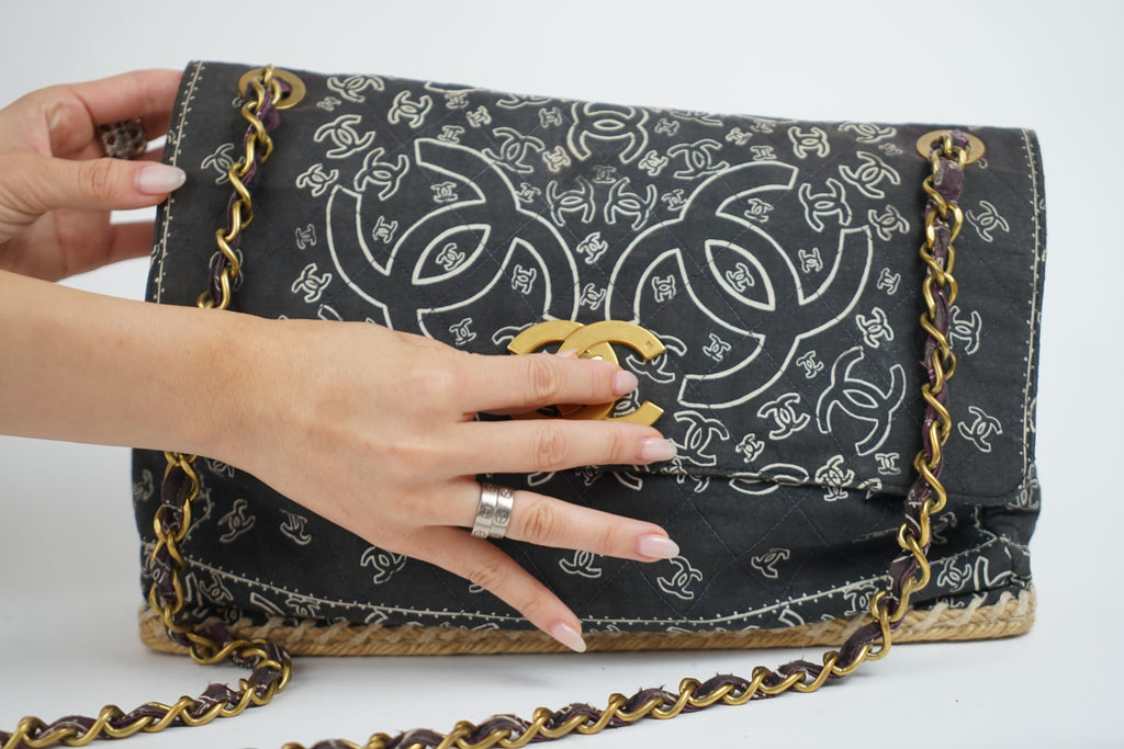 Chanel Bandana Printed Canvas and Rattan Bag, 2000's