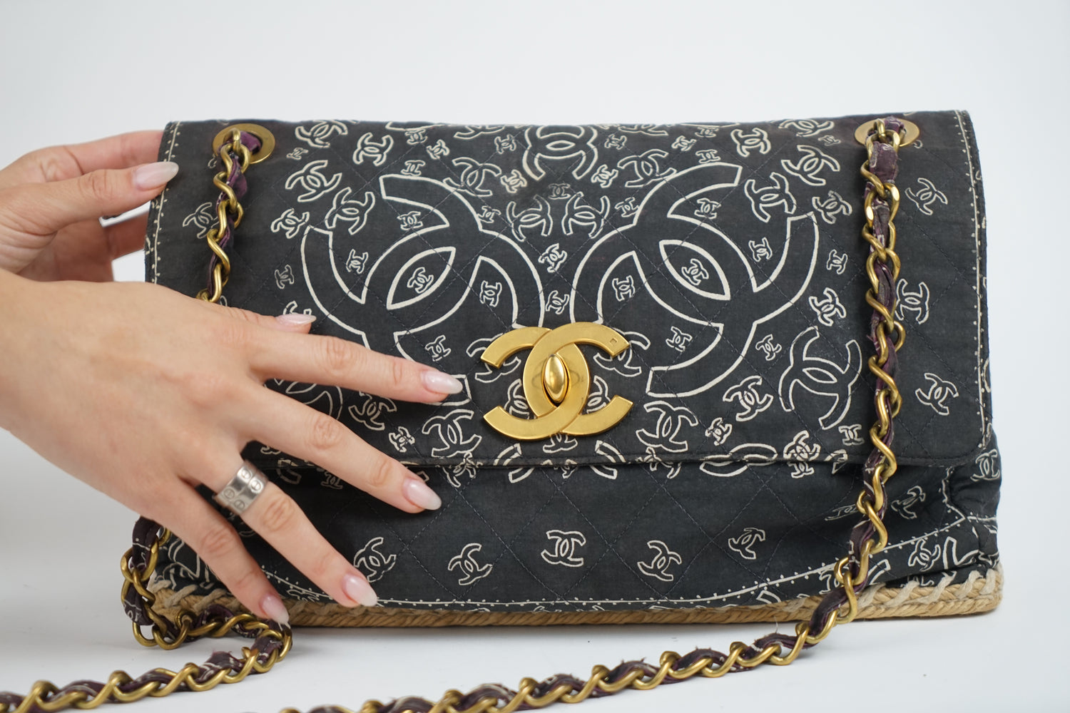 Chanel Bandana Printed Canvas and Rattan Bag