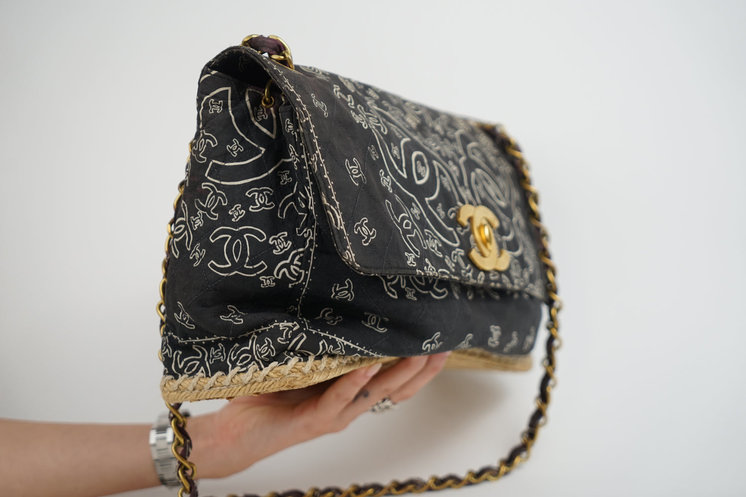 Chanel Bandana Printed Canvas and Rattan Bag