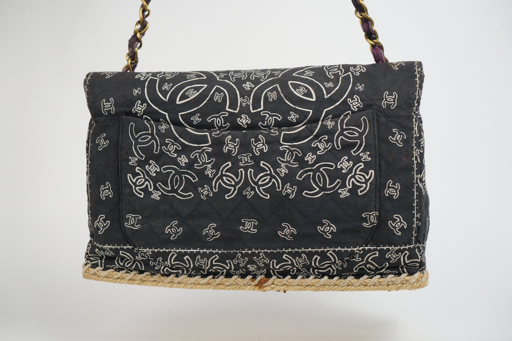 Chanel Bandana Printed Canvas and Rattan Bag, 2000's