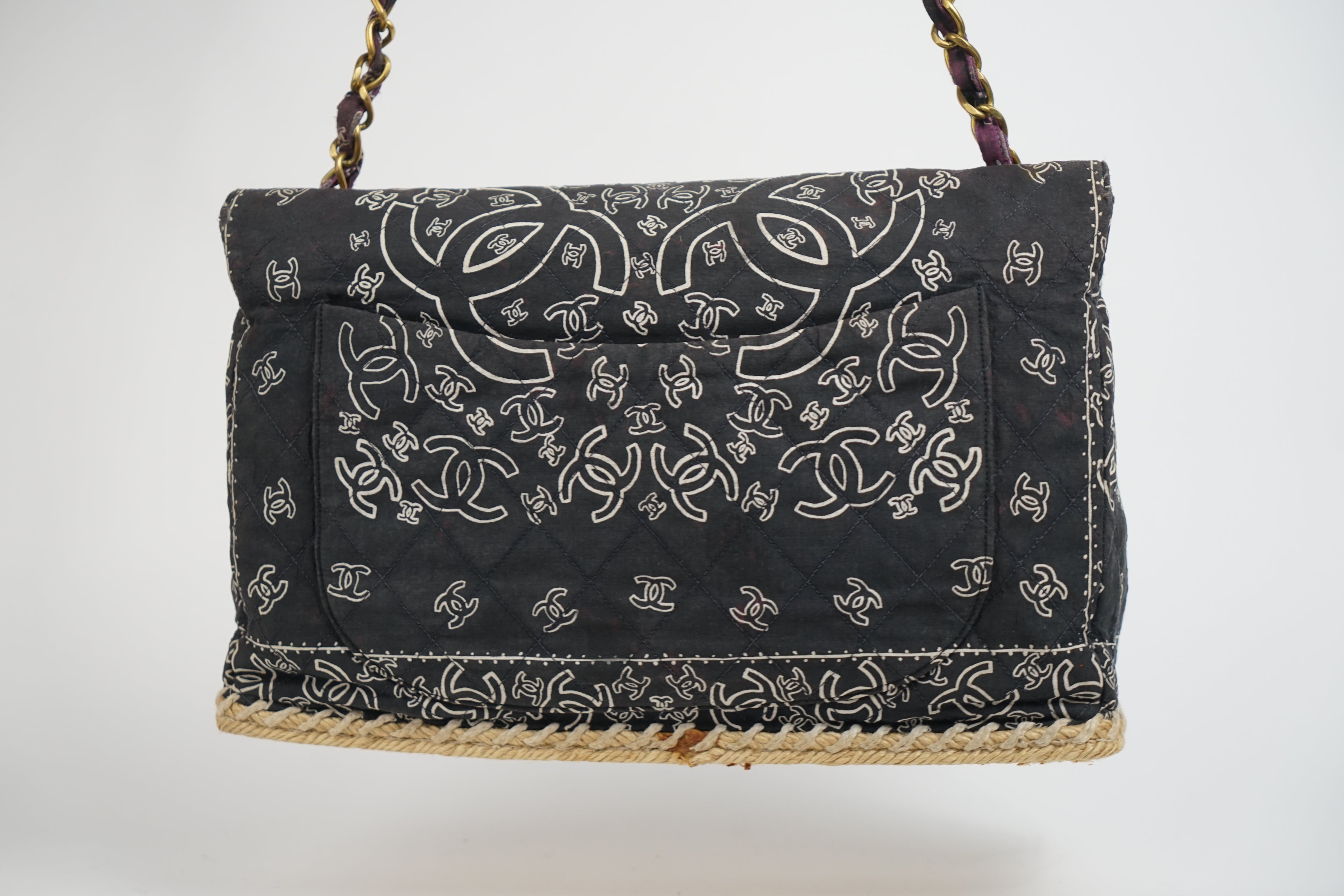 Chanel Bandana Printed Canvas and Rattan Bag, 2000's