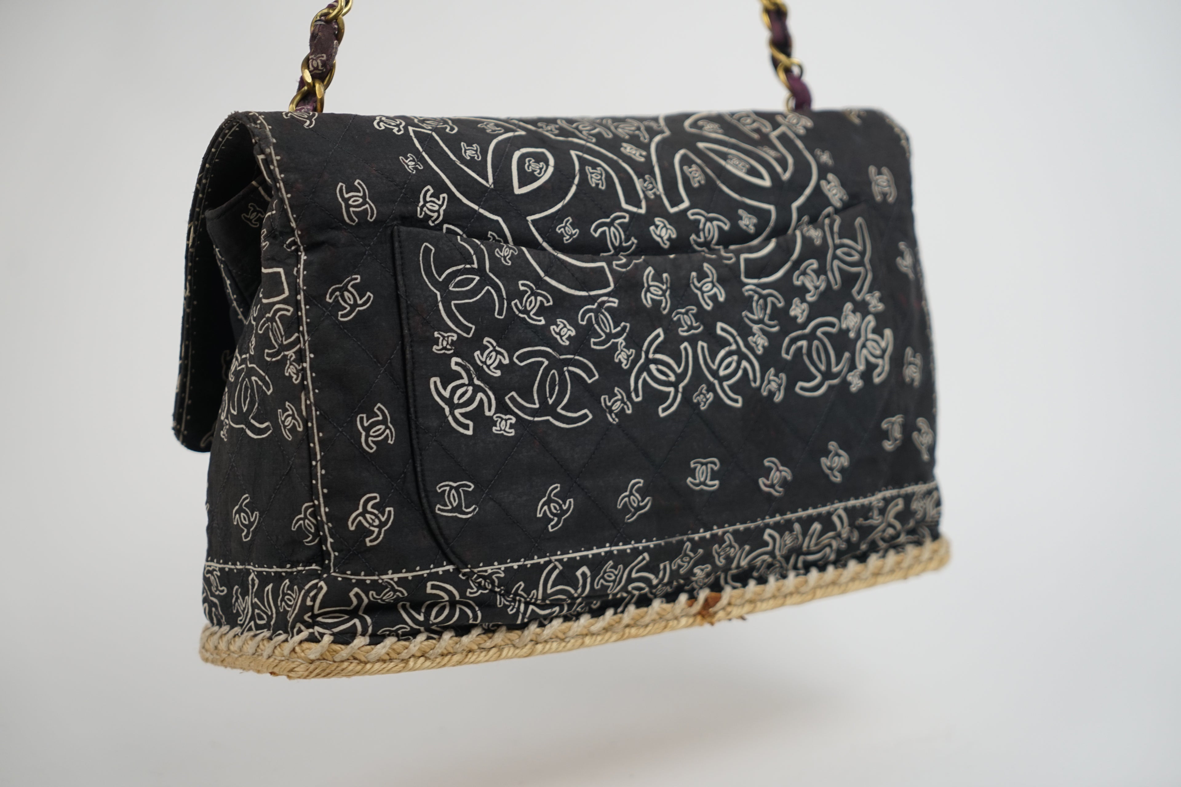 Chanel Bandana Printed Canvas and Rattan Bag, 2000's