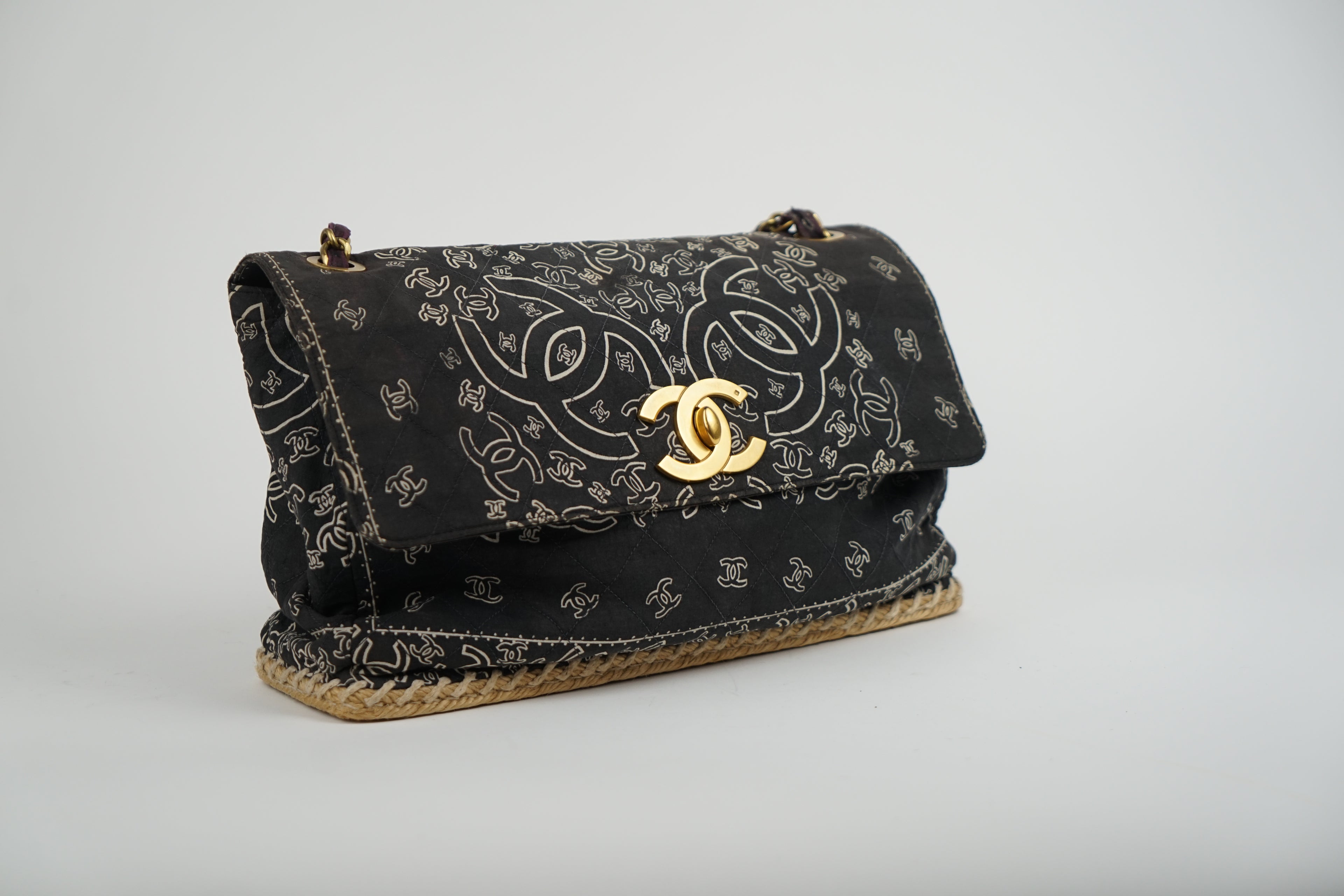 Chanel Bandana Printed Canvas and Rattan Bag, 2000's