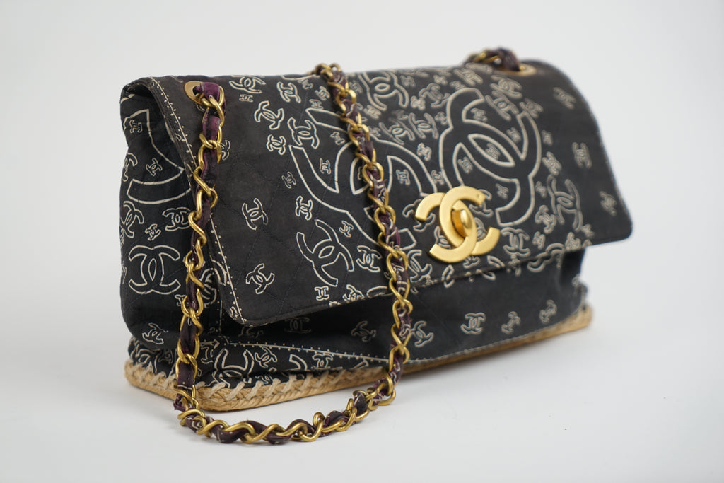 Chanel Bandana Printed Canvas and Rattan Bag, 2000's