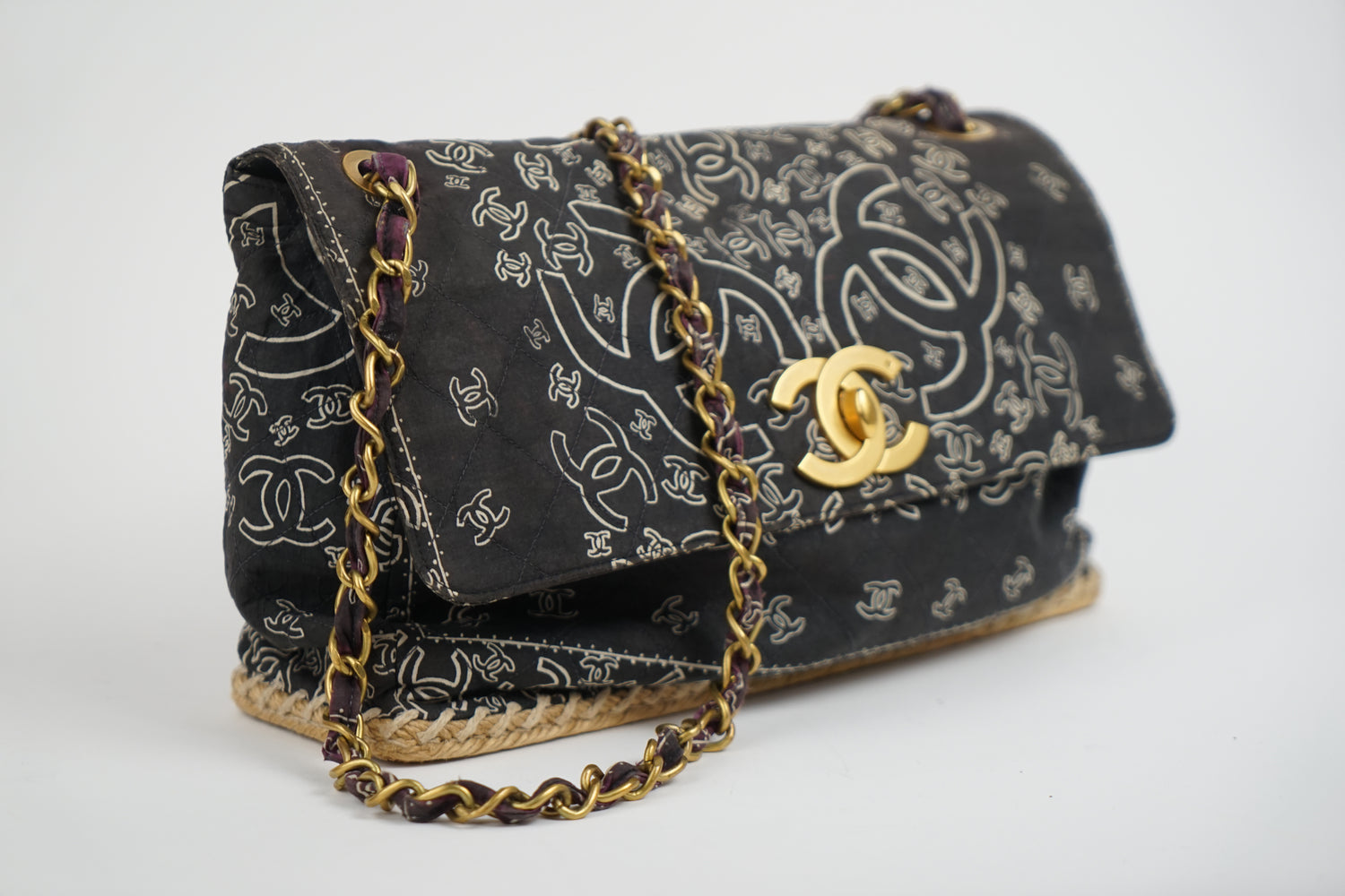 Chanel Bandana Printed Canvas and Rattan Bag