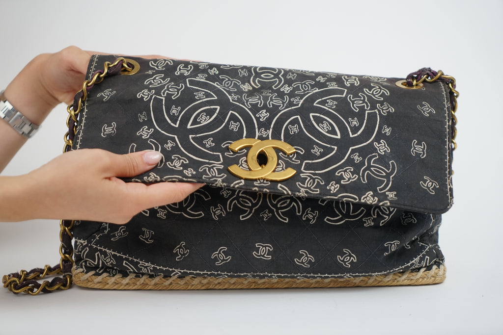Chanel Bandana Printed Canvas and Rattan Bag, 2000's