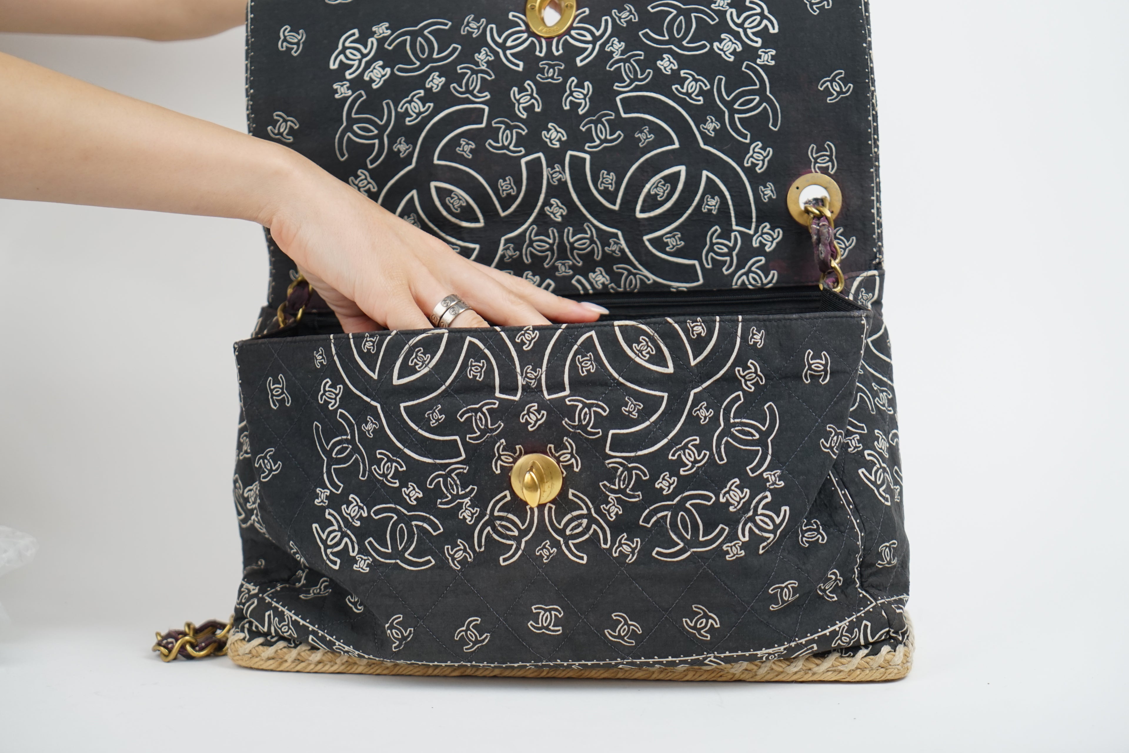 Chanel Bandana Printed Canvas and Rattan Bag, 2000's