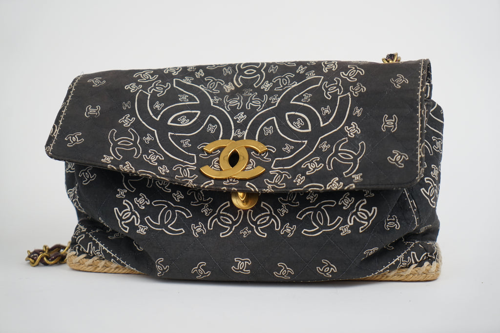 Chanel Bandana Printed Canvas and Rattan Bag, 2000's