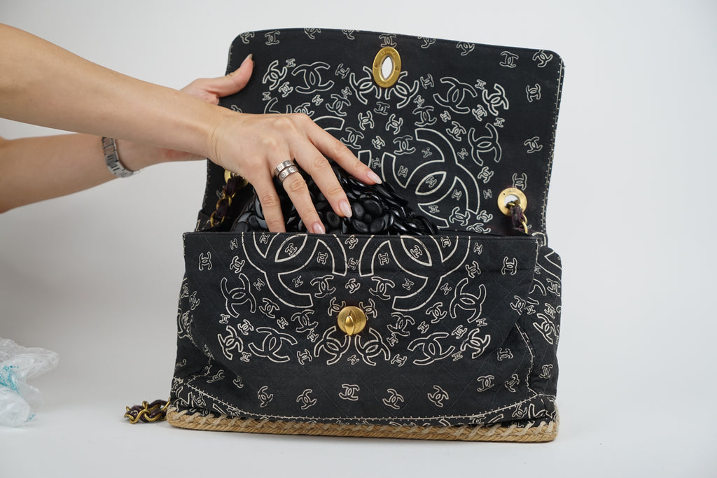Chanel Bandana Printed Canvas and Rattan Bag, 2000's