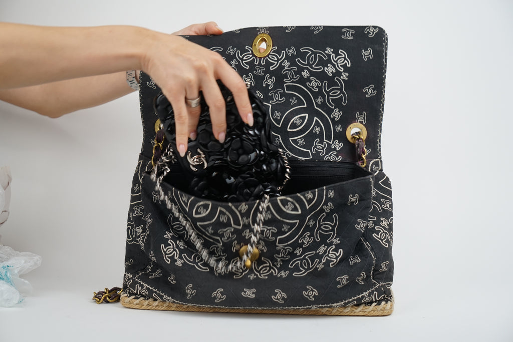 Chanel Bandana Printed Canvas and Rattan Bag, 2000's