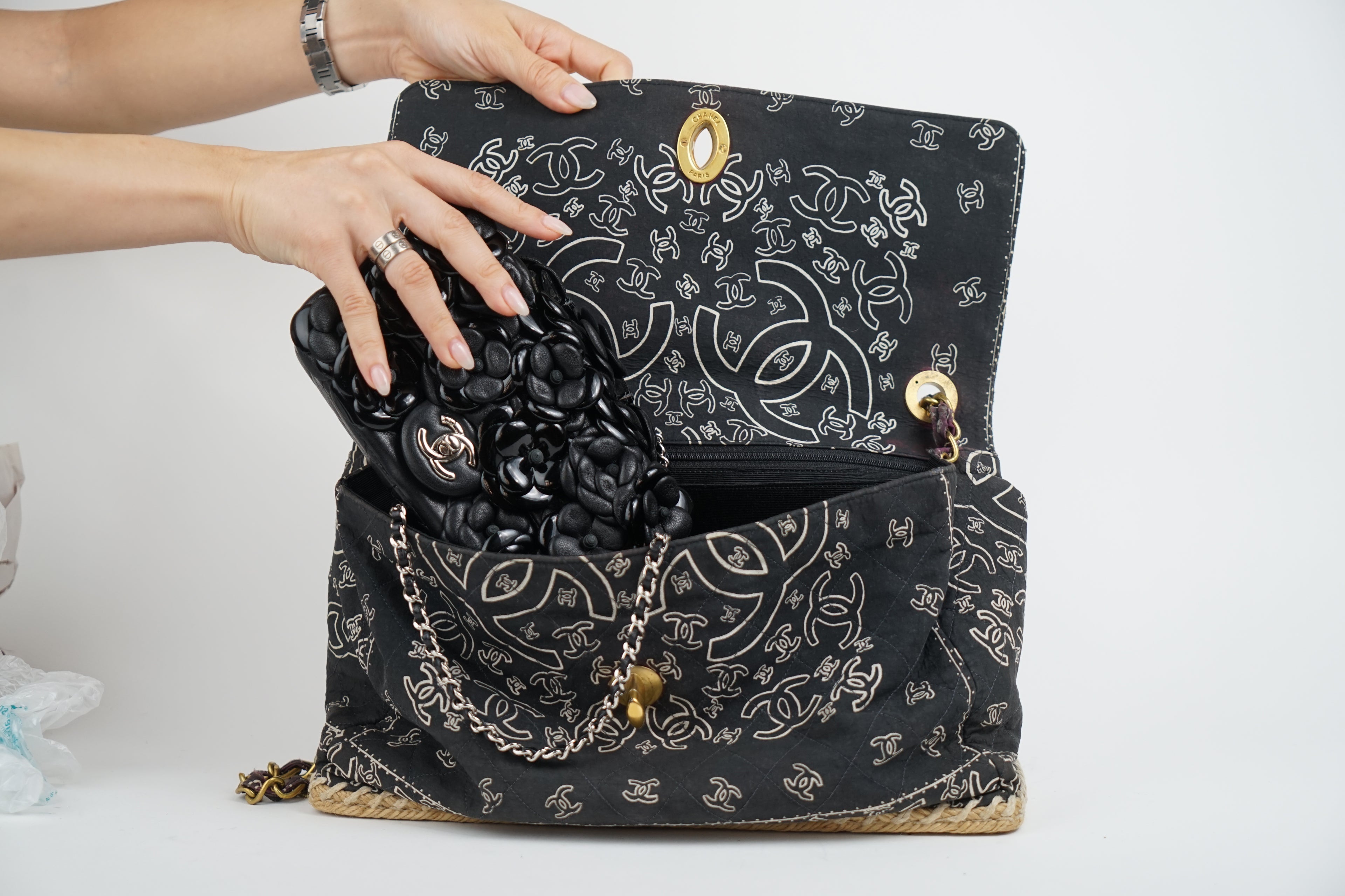 Chanel Bandana Printed Canvas and Rattan Bag, 2000's