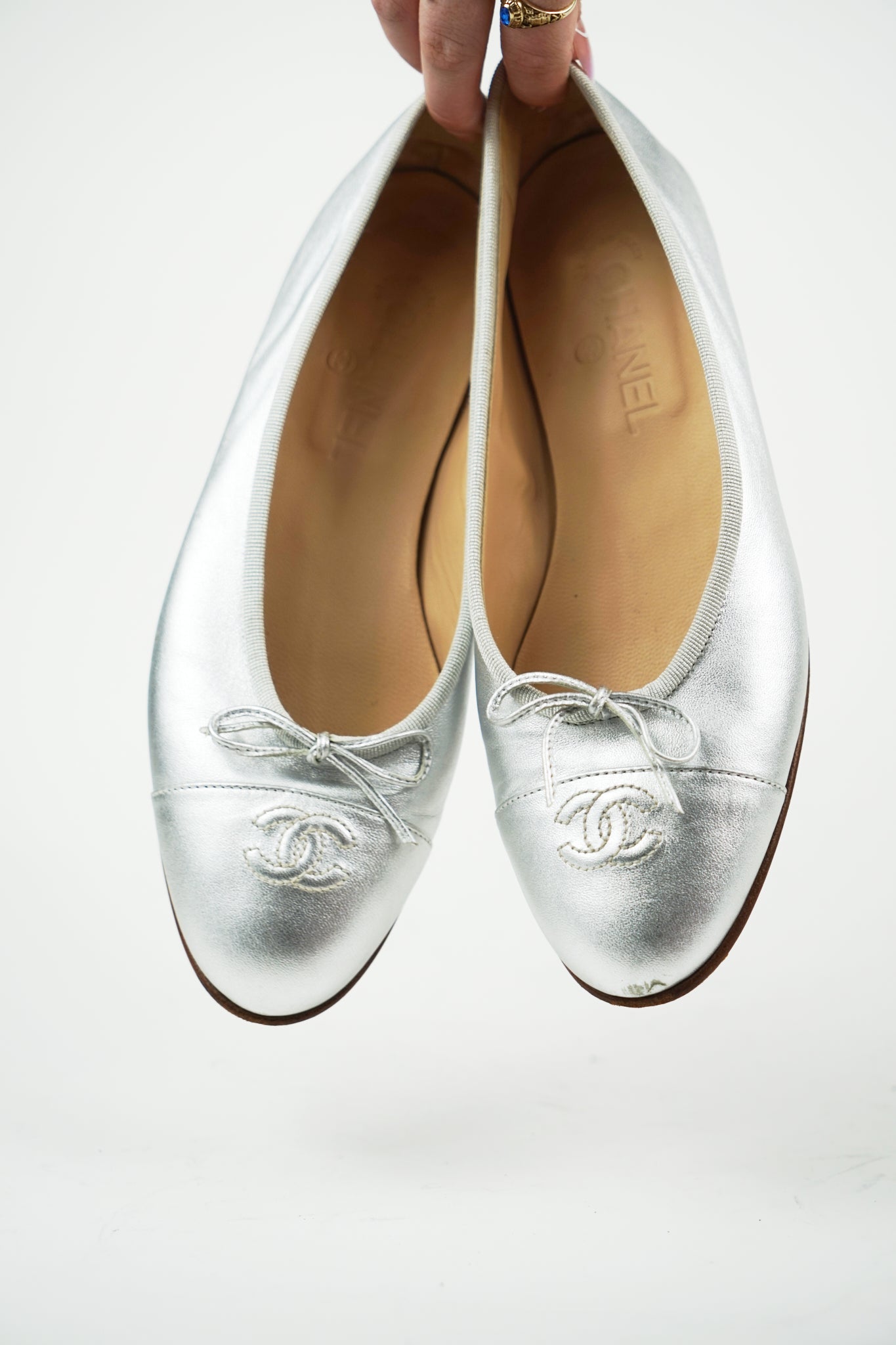 Chanel Silver Lambskin CC Cap Toe Flats, FR 39.5