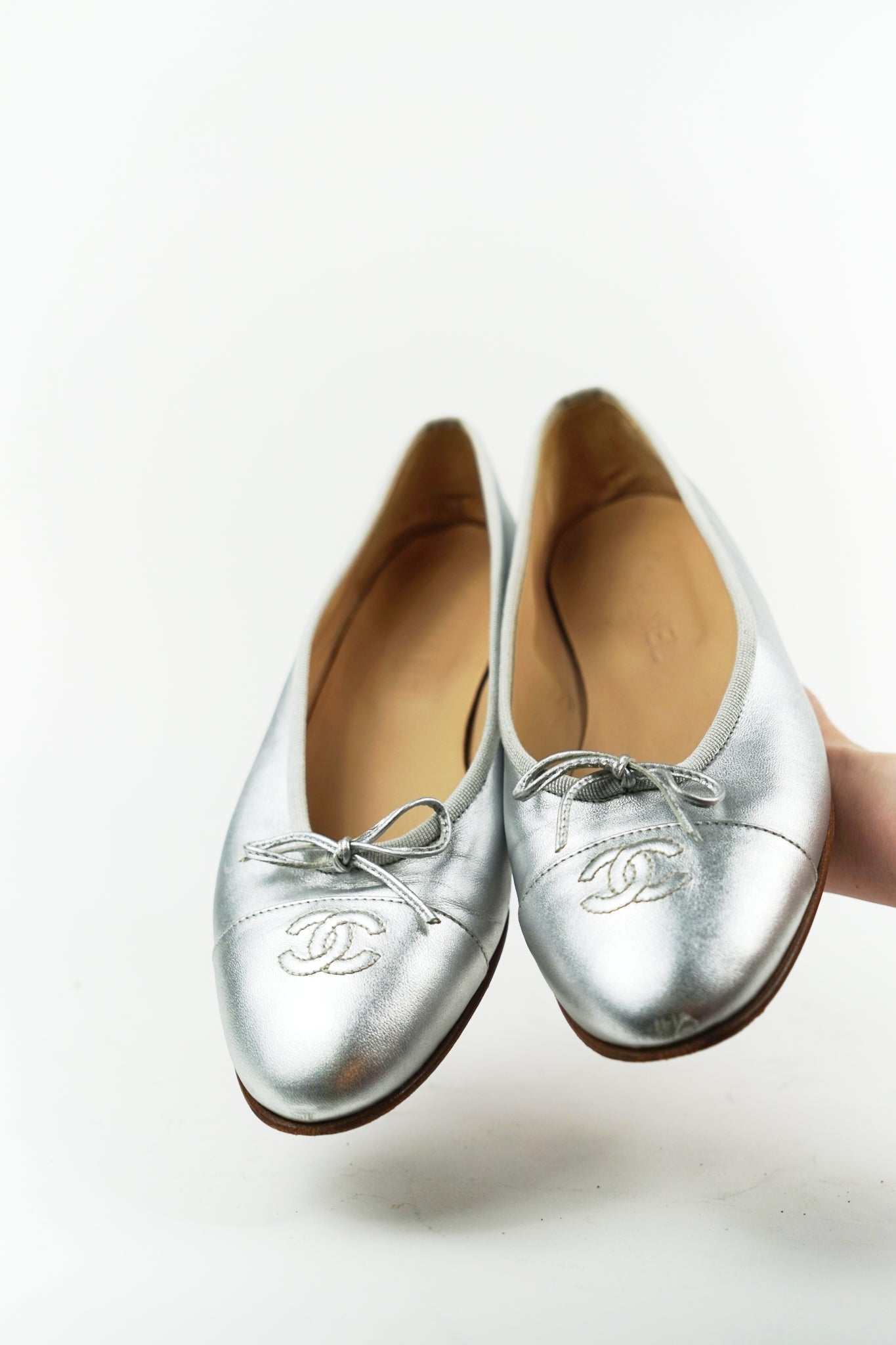 Chanel Silver Lambskin CC Cap Toe Flats, FR 39.5