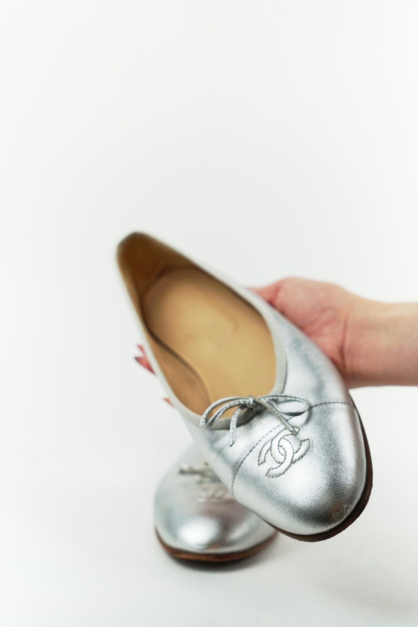 Chanel Silver Lambskin CC Cap Toe Flats, FR 39.5