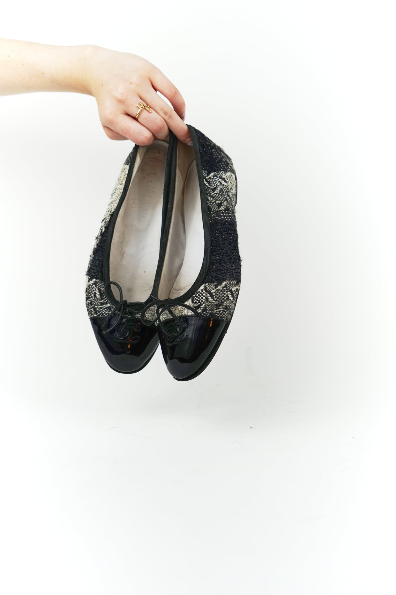 Chanel Black and White Tweed Cap Toe Flats, FR 38