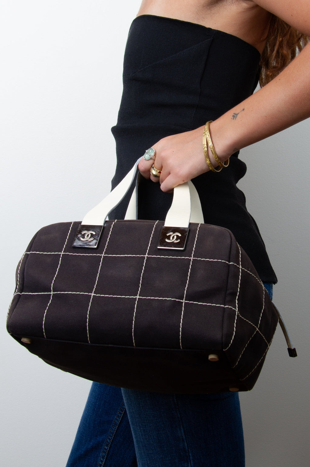 Vintage Chanel Black Square Stitch Boston Bag