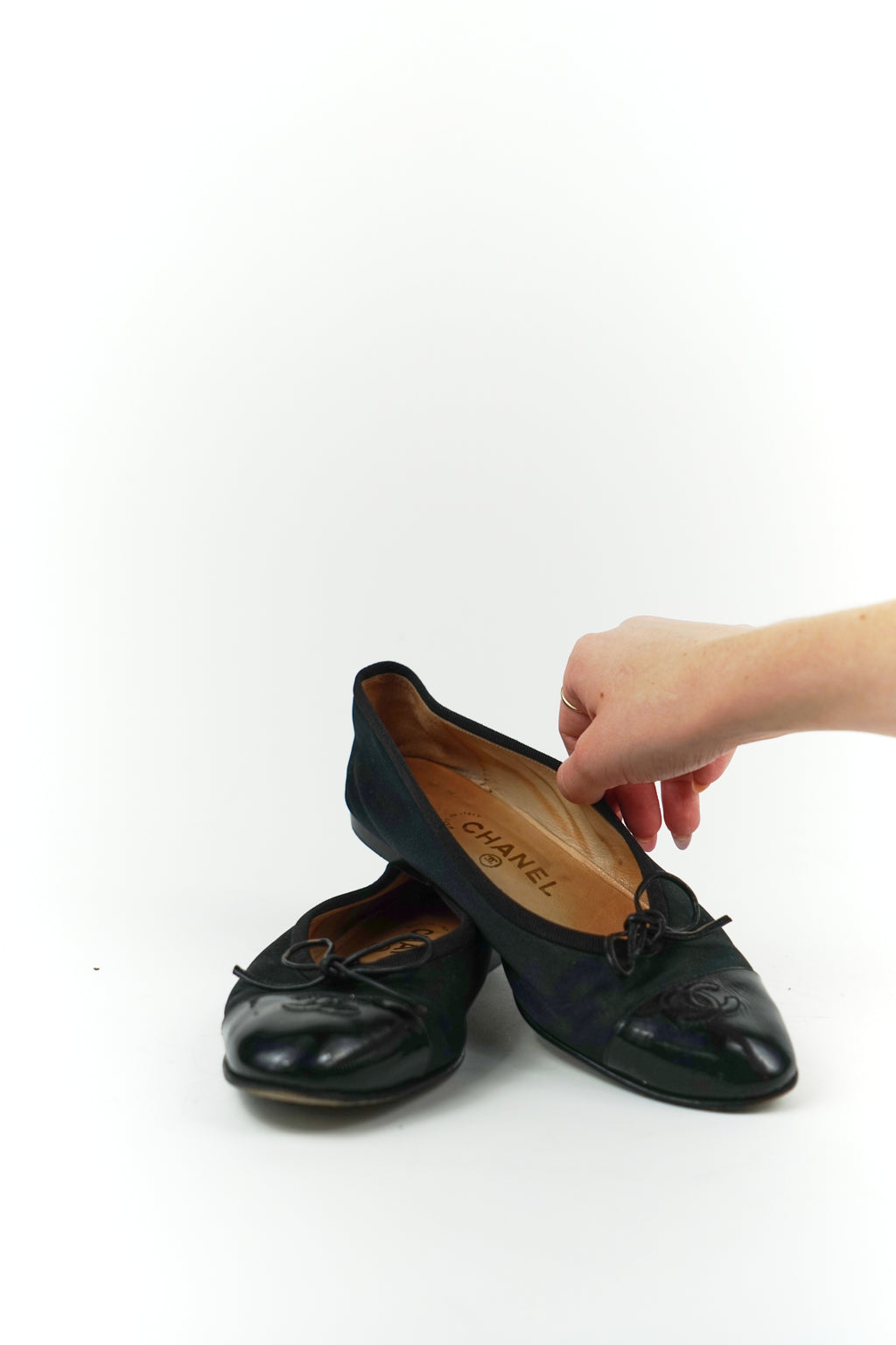 Chanel Black Satin and Patent Cap Toe Flats, FR 39