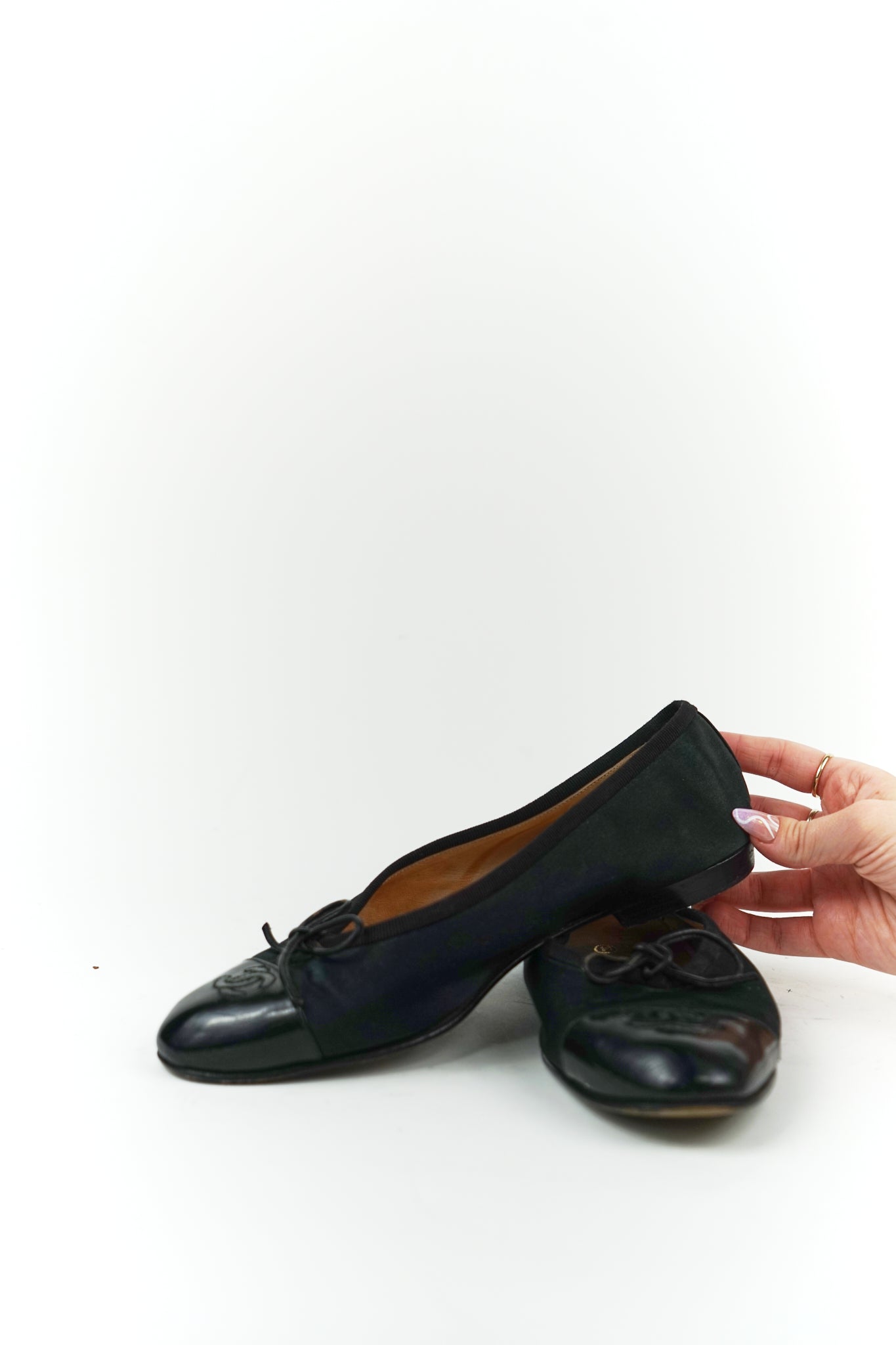 Chanel Black Satin and Patent Cap Toe Flats, FR 39