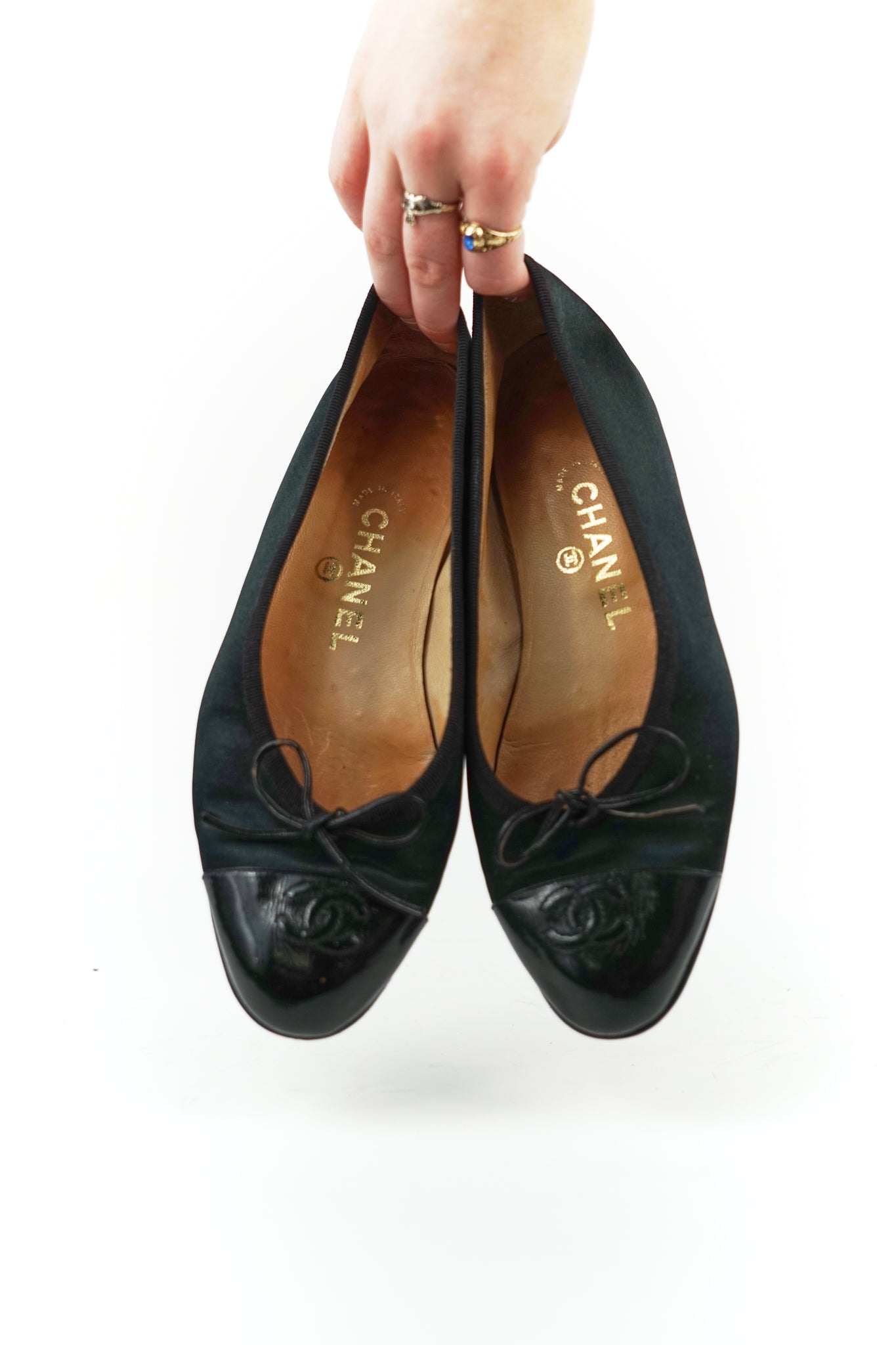 Chanel Black Satin and Patent Cap Toe Flats, FR 39