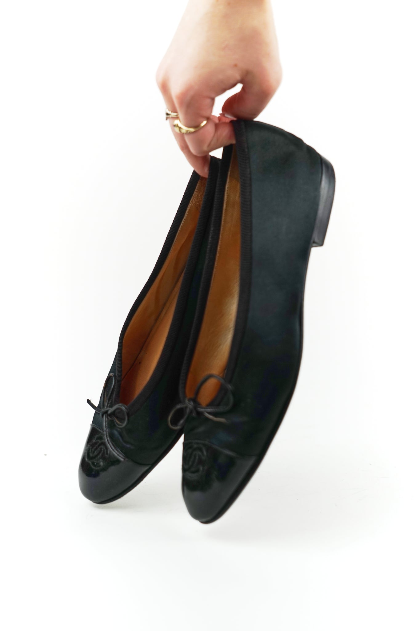 Chanel Black Satin and Patent Cap Toe Flats, FR 39