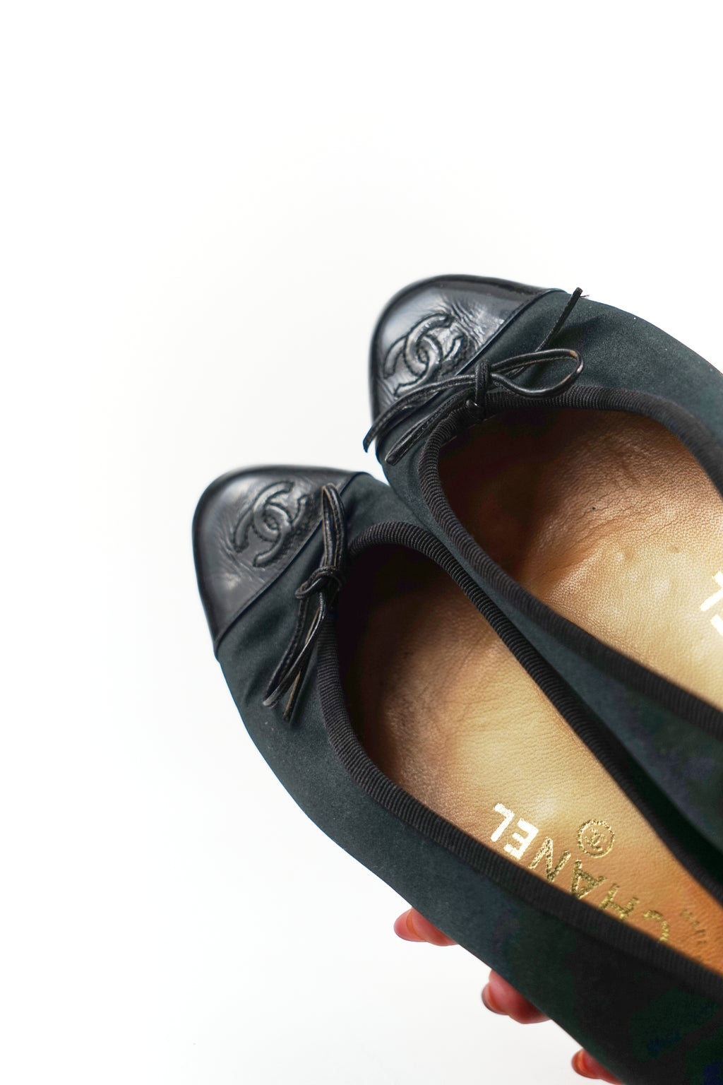 Chanel Black Satin and Patent Cap Toe Flats, FR 39