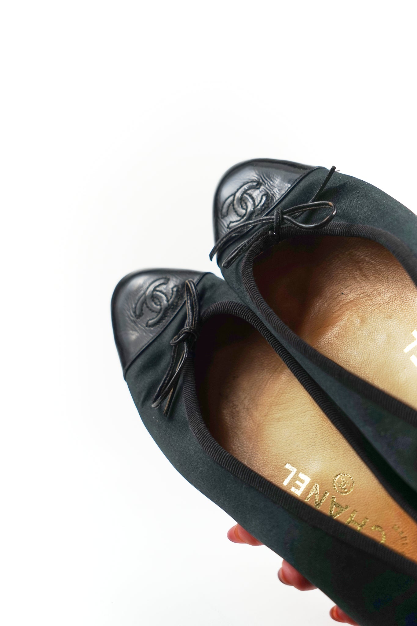 Chanel Black Satin and Patent Cap Toe Flats, FR 39