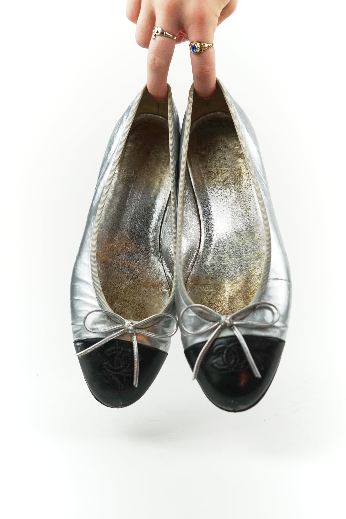 Chanel Silver and Black Leather Cap Toe Flats, FR 39.5